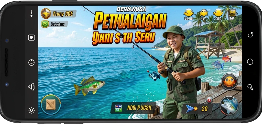 Gameplay DEWANUSA menunjukkan aksi memancing yang seru di laut lepas.