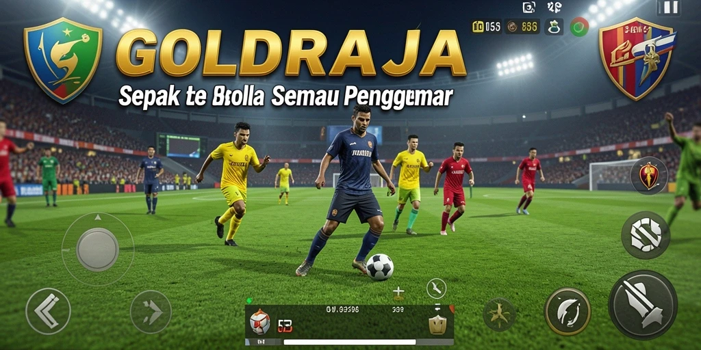 Tampilan gameplay sepenuh aksi dalam GOLDRAJA yang menawarkan pengalaman sepak bola nyata.