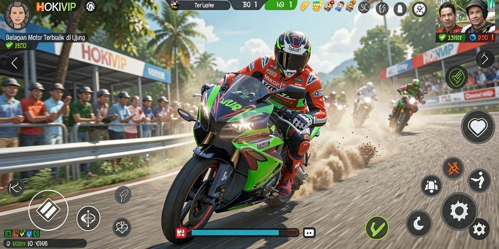 Screenshot HOKIVIP menampilkan aksi balap motor yang mendebarkan.