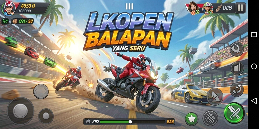 Screenshot menampilkan aksi balapan mendebarkan di LKOPEN dengan grafis menawan.