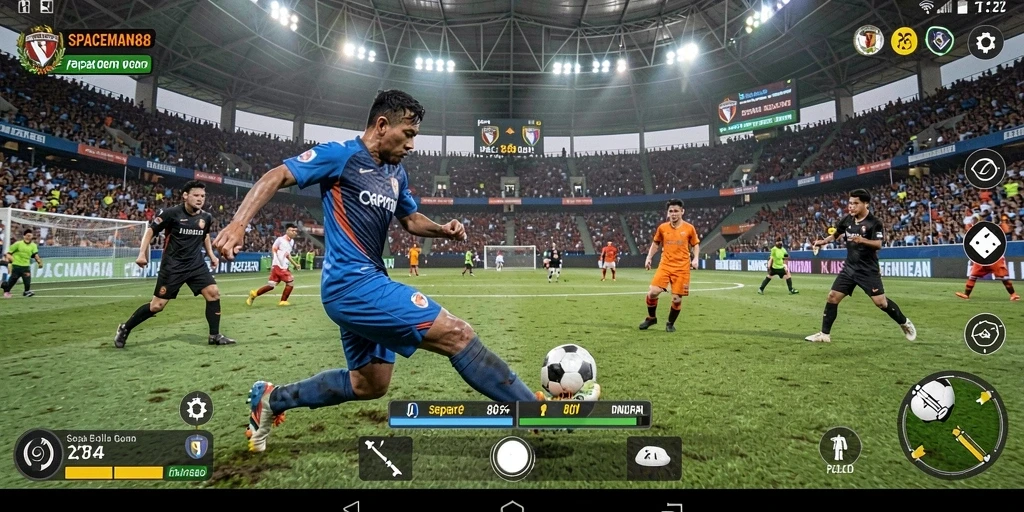 Tampilan gameplay SPACEMAN88 yang menampilkan aksi sepak bola yang seru.