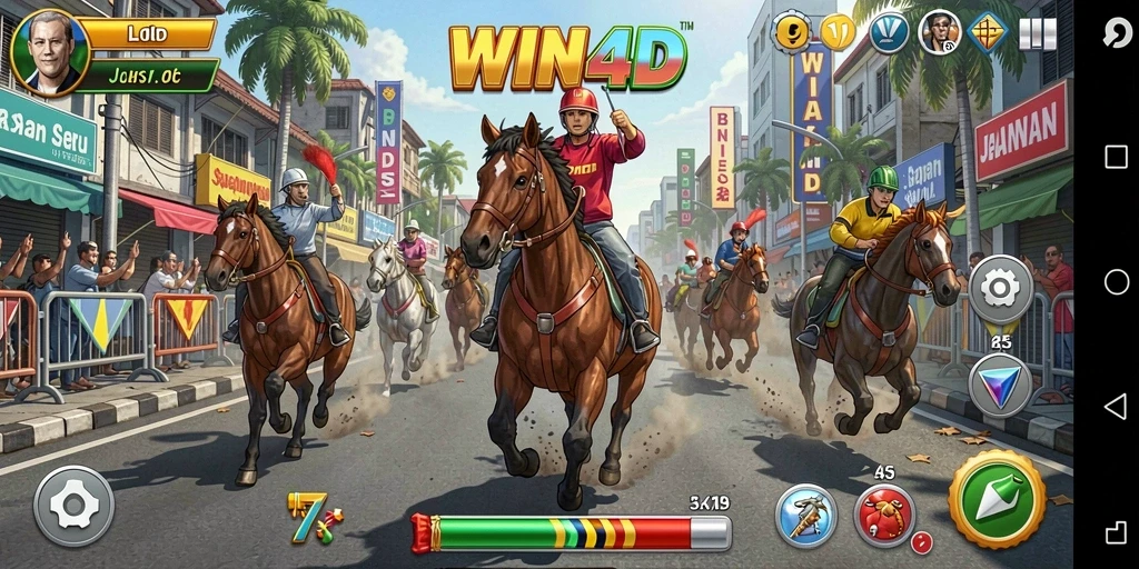 Screenshot gameplay WIN4D menampilkan mobil balap melaju kencang di lintasan.