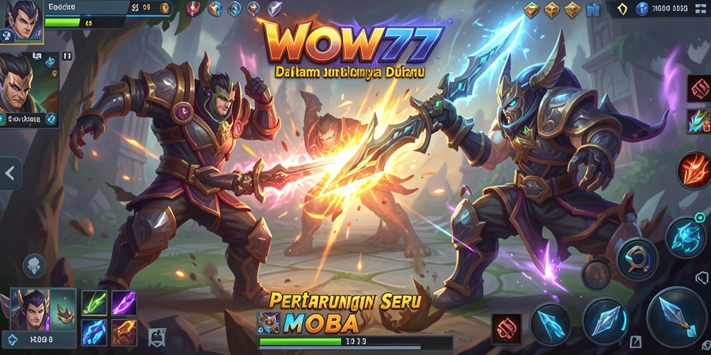 Screenshot WOW77 menampilkan pertarungan MOBA yang mendebarkan.